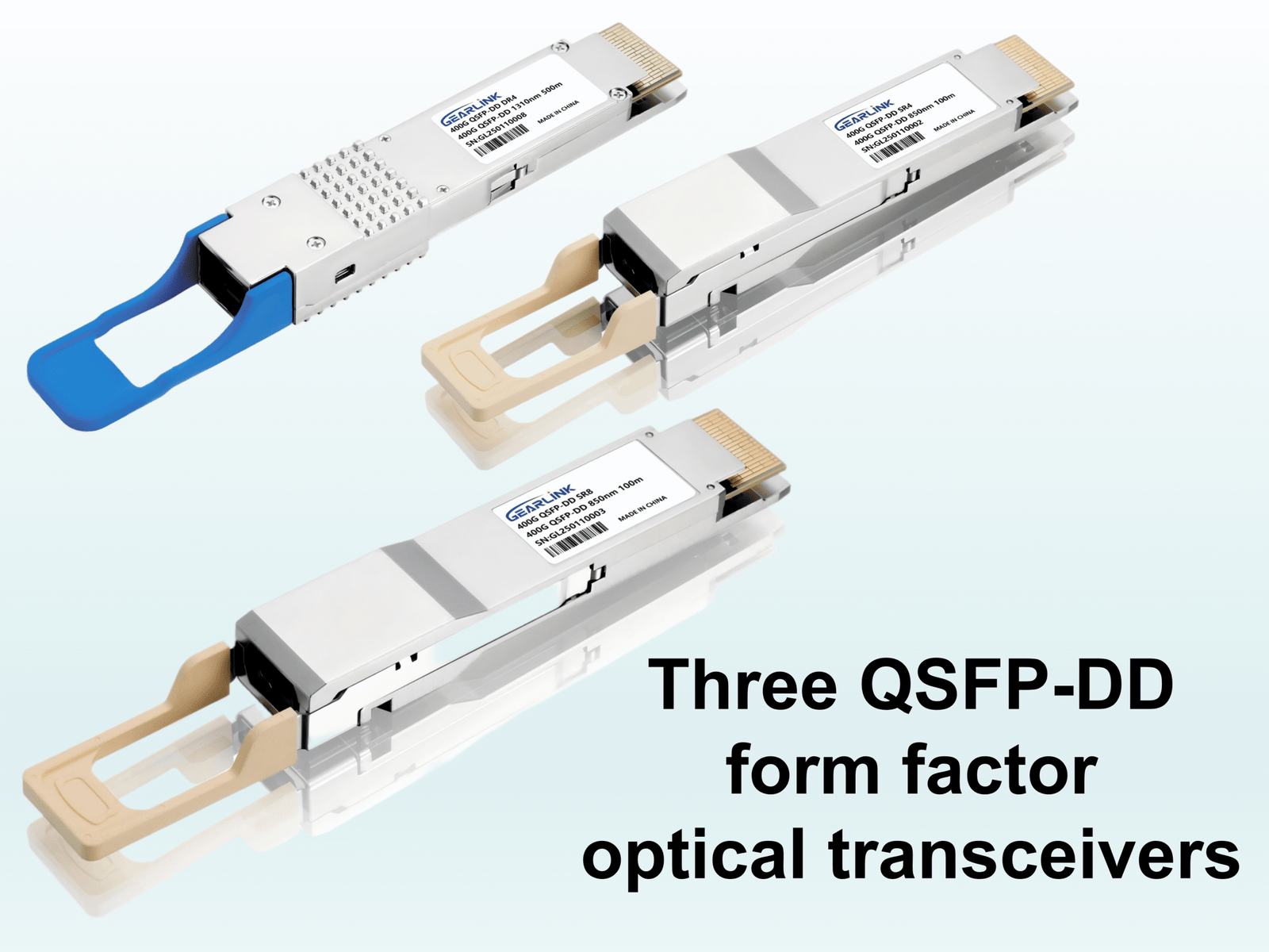 Three QSFP-DD form factor optical transceivers