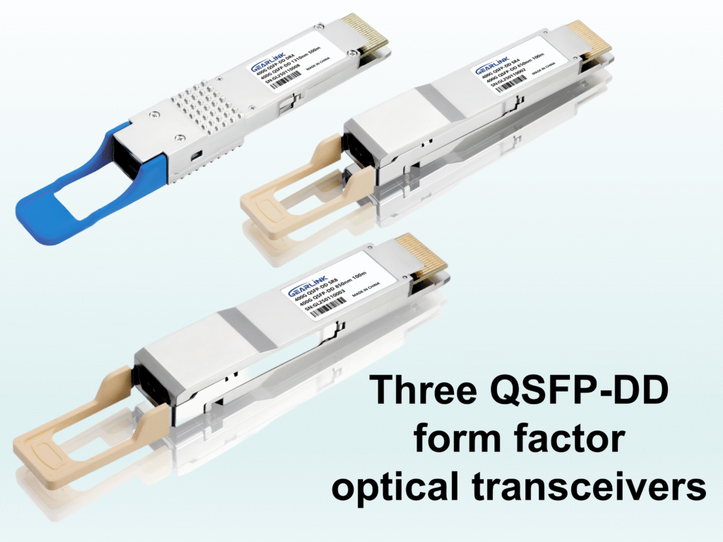 Three QSFP-DD form factor optical transceivers