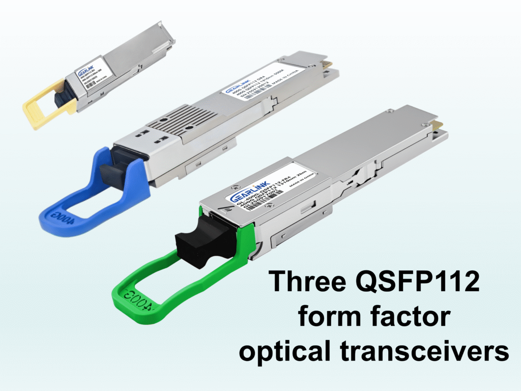 Three QSFP112 form factor optical transceivers