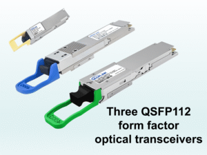 Three QSFP112 form factor optical transceivers